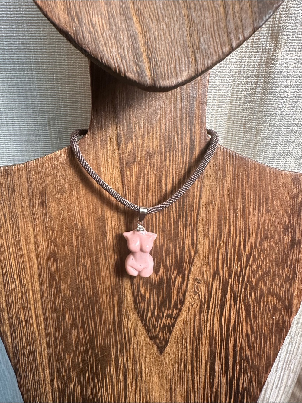 Mini Light Pink Alashan Agate Lady Body Carving Pendant Necklace on Brown Rope - Picture 8 of 16